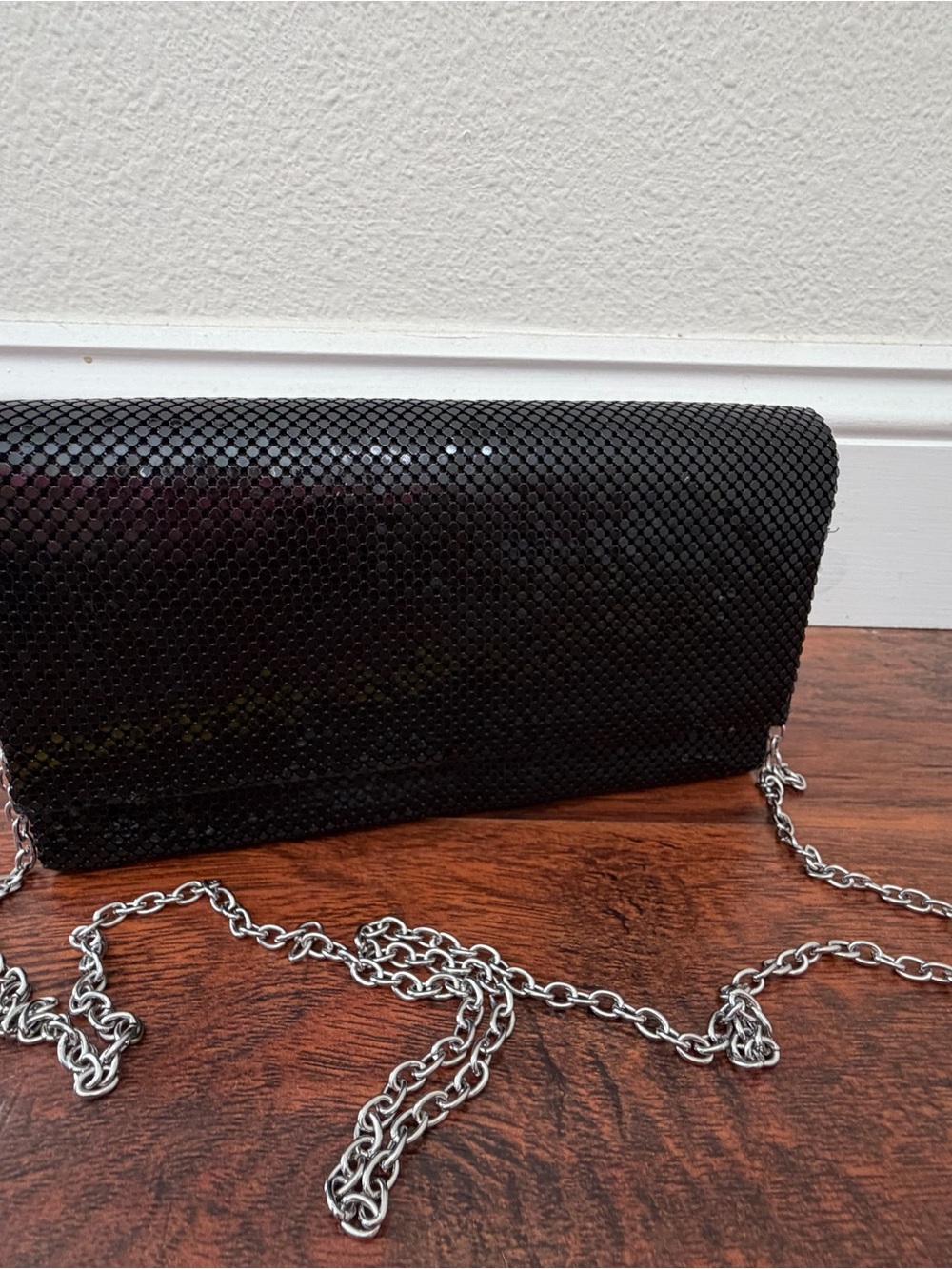 Charming Charlie Black Mesh Evening Clutch Chain Strap Fold Over